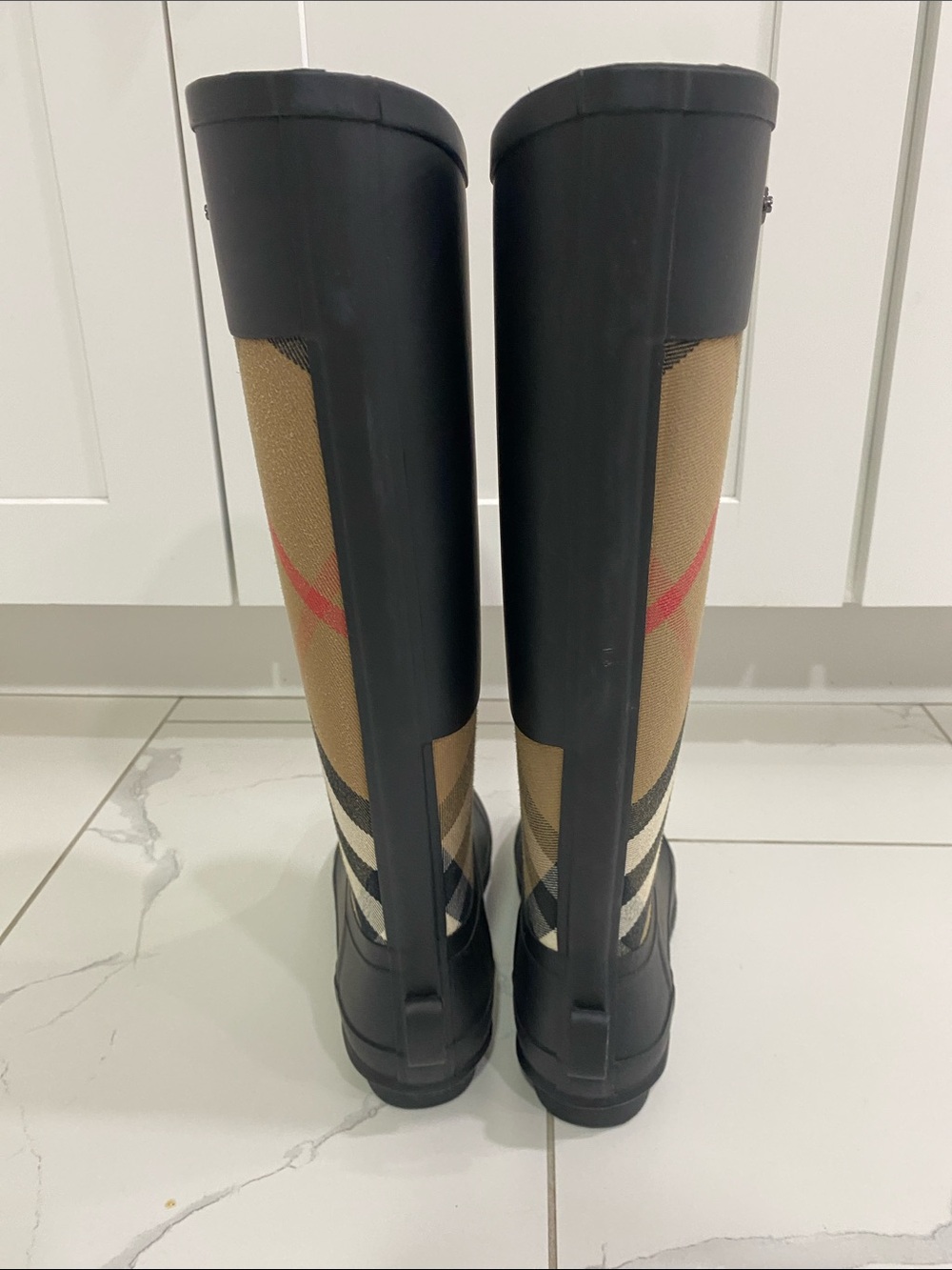 Burberry Black and Tan Check Tall Rain Boots - Picture 3 of 6